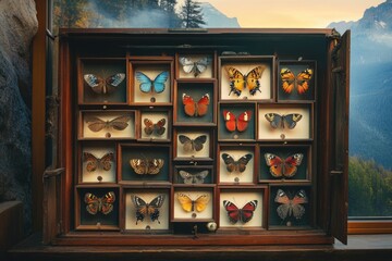 An antique wooden cabinet displays a curated collection of meticulously preserved butterflies, showcasing their vibrant colors and intricate wing patterns against a scenic mountain backdrop.