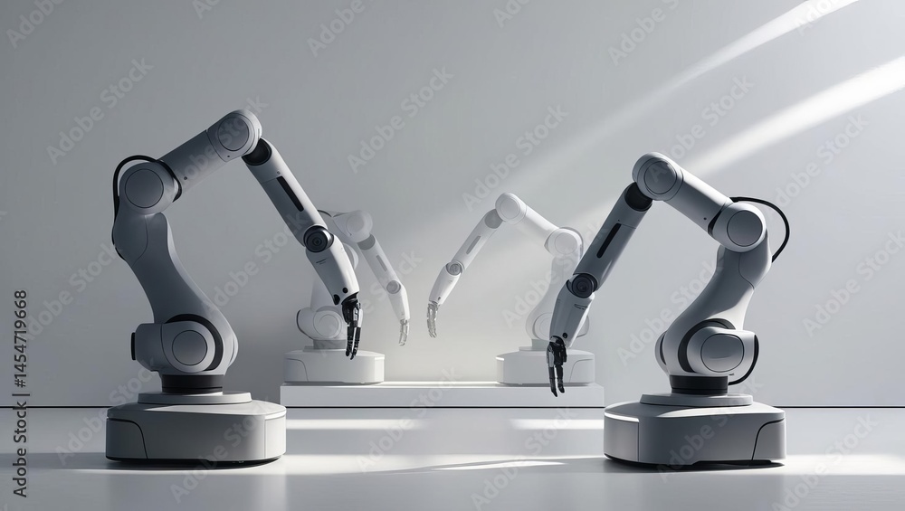 Poster futuristic robotic arms interacting with a high-tech interface on a sleek surface in a modern innova