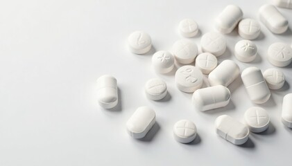 Multiple white pills scattered on white background, pharmaceutical, medication, many