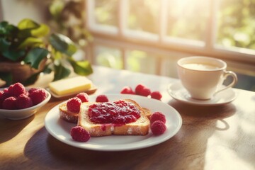 Morning Breakfast with Raspberry Jam Toast and Coffee
