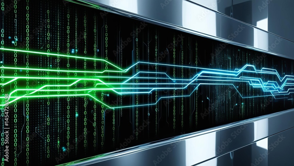 Aufkleber modern digital data transmission visualization with glowing green and blue lines representing high t