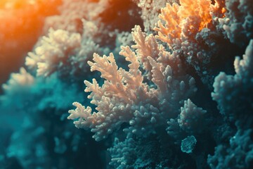 Fototapeta premium Vibrant underwater coral reef scene showcasing intricate branching structures and diverse textures in warm, sunlit ocean depths.