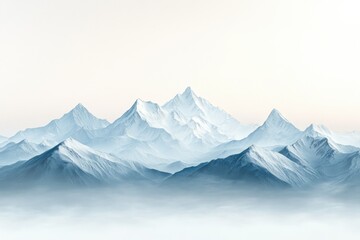 Serene, snow-capped mountain range shrouded in mist, a breathtaking winter landscape.