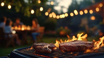Obraz premium A barbecue scene with steaks on a grill in the foreground and a blurred outdoor party in the background, featuring warm lighting and a cozy atmosphere