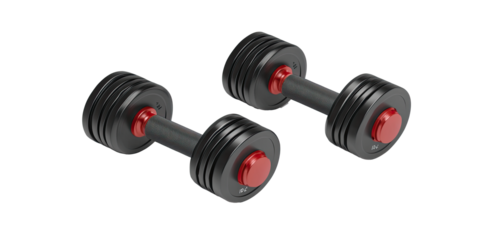 Pair of modern dumbbells with rubberized coating sleek isolated on white transparent background