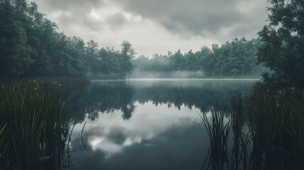 Serene lake under a cloudy sky