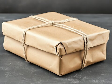 Tied package of kraft paper on a dark surface.