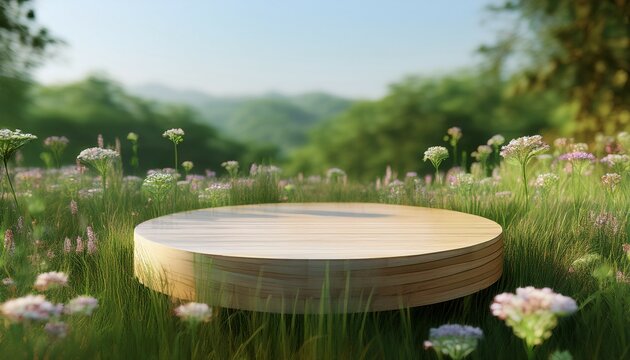 mockup transparent 3d grassy round wooden pedestal inside a field of flowers