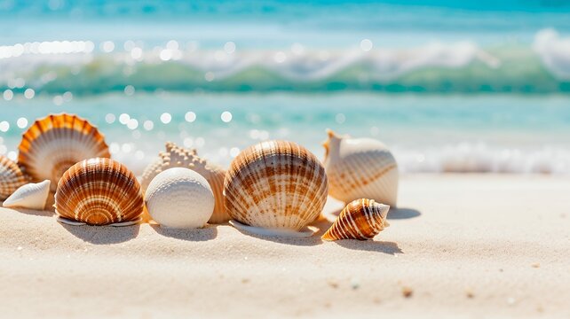 Macro shot of seashells on white beach sand, turquoise sea blurred background