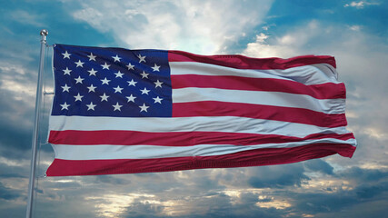 American flag waving in the wind, symbolizing patriotism, freedom, and national pride with vibrant red, white, and blue colors.

