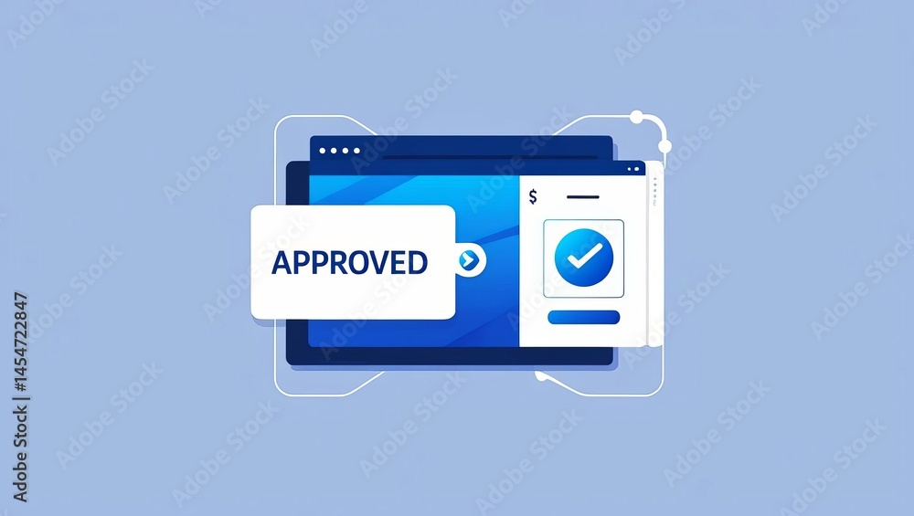 Poster digital approval process concept with mobile devices and checkmark icons symbolizing verified approv