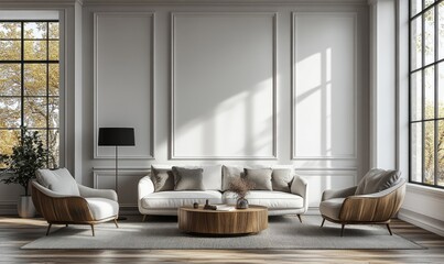 Fototapeta premium Elegant living room interior design featuring a light color palette.