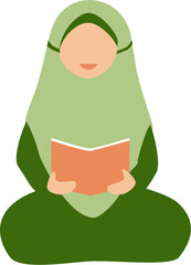 Young Woman in Hijab Reading a Book, Simple Illustration