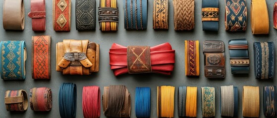 Assorted ornate wristbands featuring leather, embroidery, geometric and ethnic designs arranged carefully on flat surface showcase intricate craftsmanship.