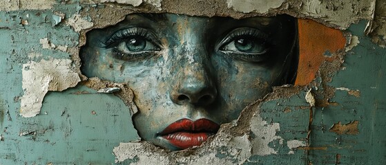 Young woman's face gazes intensely from behind a cracked and peeling wall, displaying a unique urban artistic style.