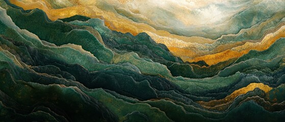Abstract landscape showcases layered textures, blending deep green and gold hues into an ethereal, wavy surface.