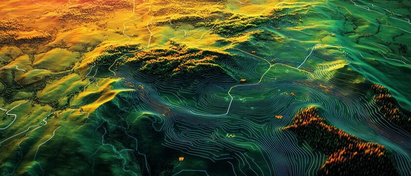Topographic map displays forested hills using elevation lines, providing clear spatial data representation.