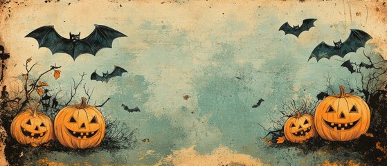 Jack-o'-lanterns stand grinning beside bare trees, while bats flutter overhead against distressed grunge texture, capturing a spooky Halloween atmosphere.