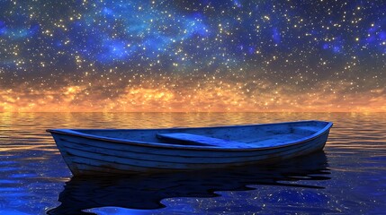 Fototapeta premium A solitary wooden boat floating on a tranquil lake under a starry night sky with vibrant colors