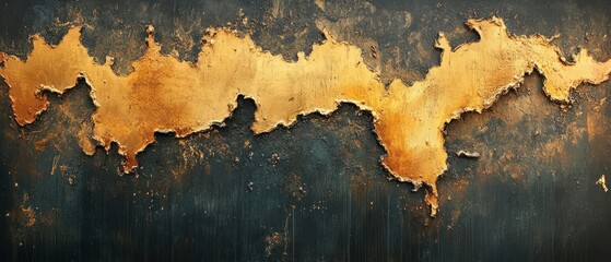 Layered paints exhibit distressed texture, featuring golden paint over dark blue paint, creating abstract aesthetic.