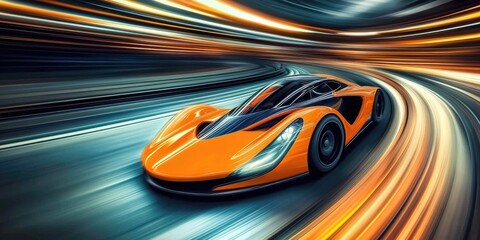 Fototapeta premium Orange sports car in motion through a dynamic spiral tunnel.