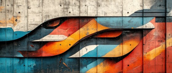 Mural displays abstract patterns, artistic expression showcasing vibrant colors.