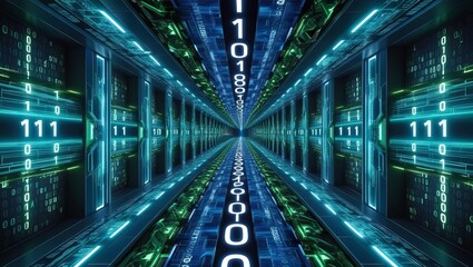 Fototapeta premium Futuristic Data Center with High Speed Servers and Digital Binary Code in a Technological Virtual Environment