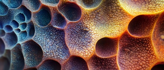 Textured cellular structure presents series holes across orange, blue, and yellow gradient, exhibiting intricate microscopic pattern.