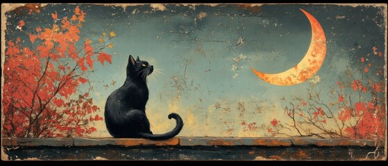 Black cat sits gracefully observing crescent moon against sky backdrop, expressing quiet contemplation.