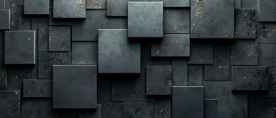 Black cubes arranged in an abstract pattern exhibit a textured metallic surface with gold specks, creating a modern art backdrop.