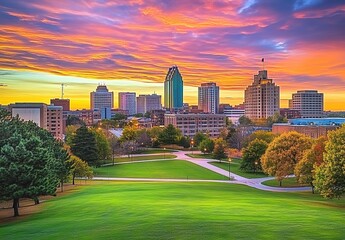 Obraz premium A realistic - style photographed picture. In the foreground is a rolling, sun - dappled green lawn. In the background is the city skyline