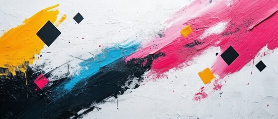 Abstract painting features bold brushstrokes creating texture, vivid colors, and geometric shapes.