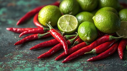 Limes and red hot chili peppers on aged surface