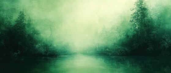 Ethereal landscape painting portrays serene lake reflecting forest under hazy, overcast sky, creating a tranquil atmosphere.