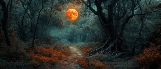 Full moon casts eerie light through spooky forest, illuminating dirt path winding past tall tree with gnarled roots, evoking mystery.