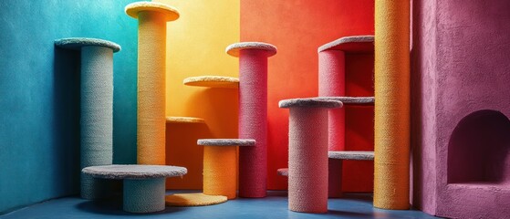 Cat trees stand brightly in a colorful room, arranged artistically.