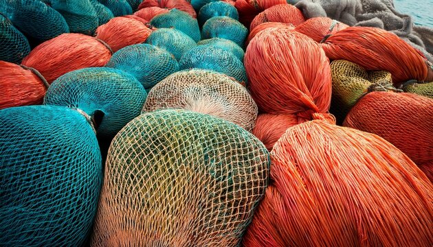 full frame overhead view of a stack of fishing nets italy