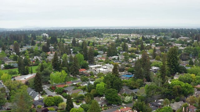 Aerial drone view of Menlo Park California Bay Area California suburban homes 05