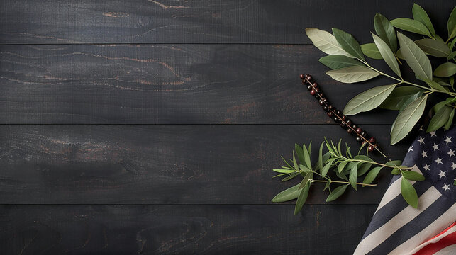 Draped American flag with olive branch, dark wooden table, soft evening light, room for design on the left


