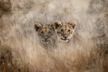 Obraz premium Two adorable lion cubs peering from tall grass, a captivating wildlife scene.