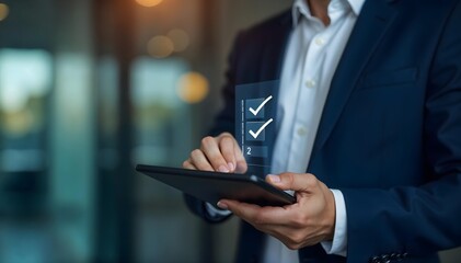 Businessman Using Digital Checklist on Tablet for Productivity