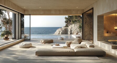 Modern coastal living room with expansive ocean views.