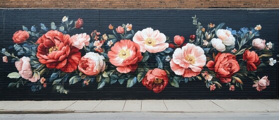 Floral mural decorates brick wall with elegant, decorative design.
