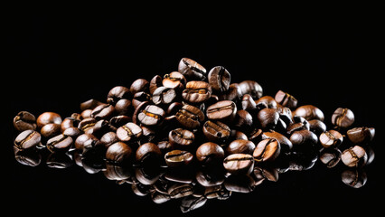 Roasted Coffee Beans on Glossy Black Reflective Surface – High Contrast Commercial Photography