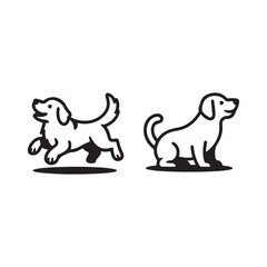 Two Happy Dog Illustrations in Black and White.Simple black and white line art illustrations of a running Golden Retriever and a standing Labrador Retriever.