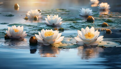 intricate water lilies lotus blossoms floating on calm lake surface pretty wallpaper