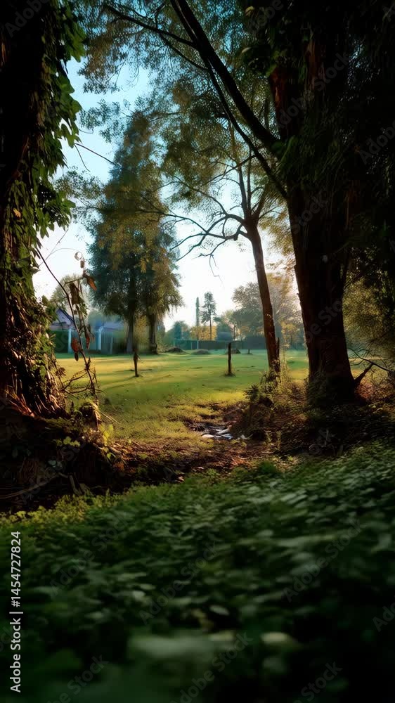 Poster sunlight filtering through trees onto an open grassy field with blurred background of a residential 