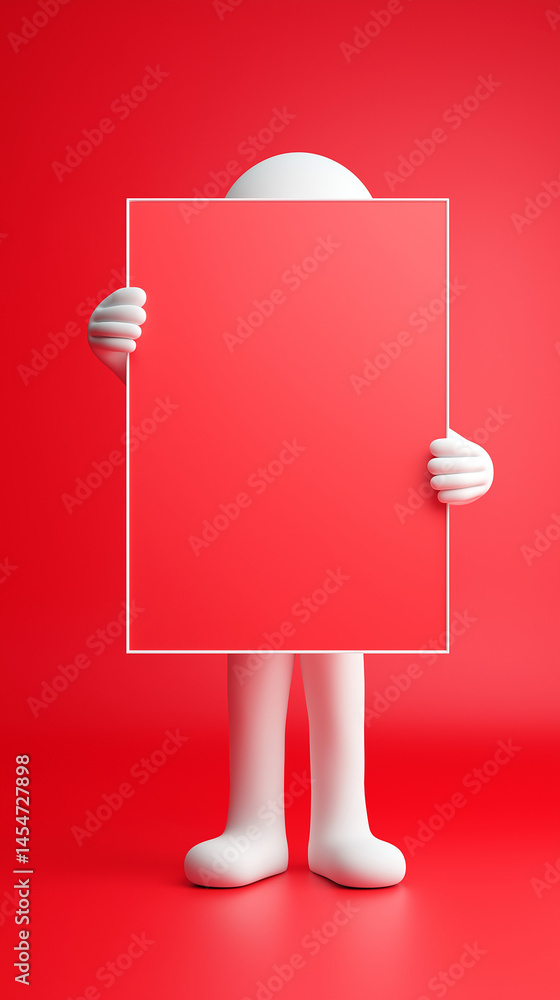 Poster character holds blank red sign against simple red background in minimalistic design