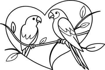 Two Cute Parrots Birds Perched On Branch Inside Heart Outline Illustration