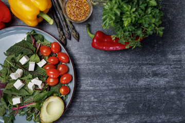fresh vegetables and herbs.Salad with avocado, cherry tomatoes, cubes of white cheese and greens on a dark surface. bell peppers, asparagus, mustard seeds, top view, space for text